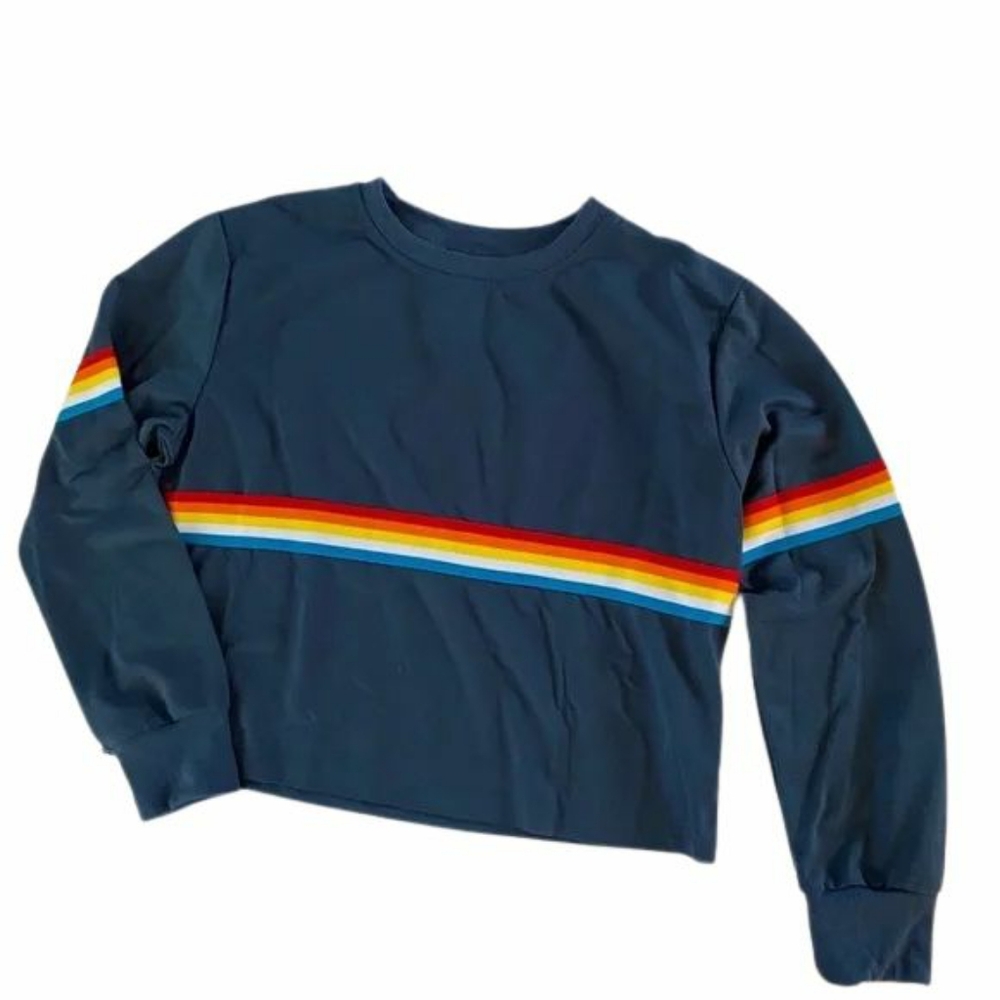 Rainbow Stripe Blue Cropped Lightweight Pride Sweatshirt, Sz L - Picture 5 of 13